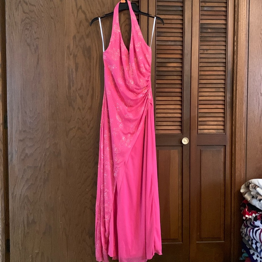 Pink halter top dress with open
